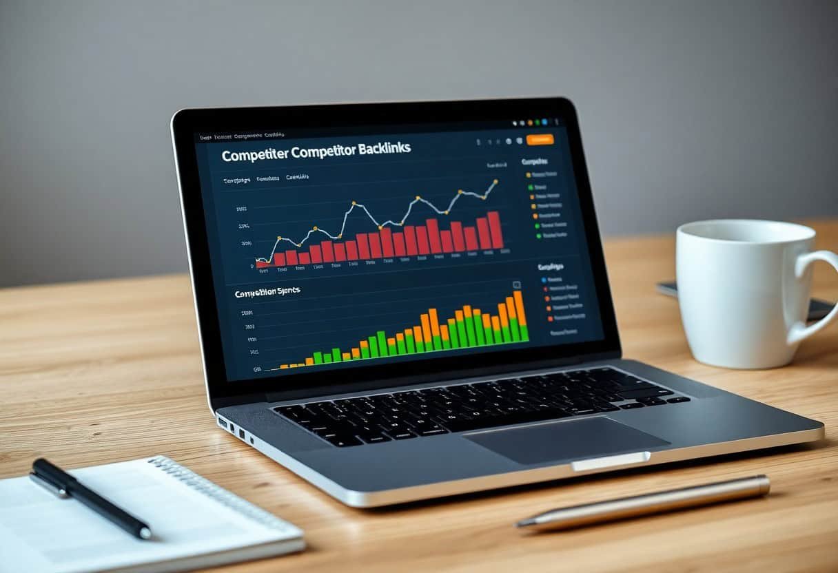 A laptop on a wooden desk displays a competitor backlinks analysis with colorful bar and line graphs. Nearby, tools for data analysis hint at local SEO and AI search optimization in a focused workspace setup.