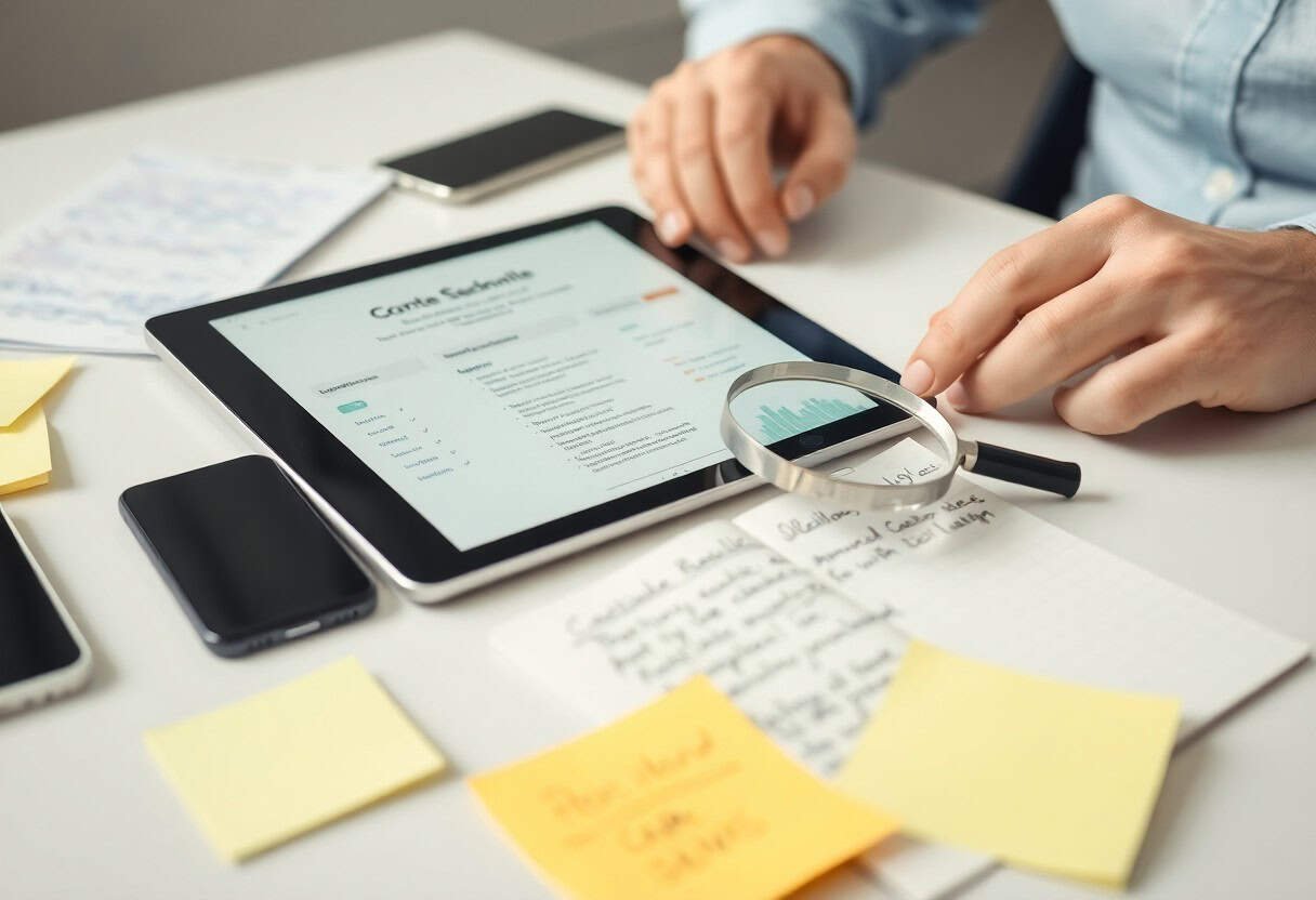 A person examines a tablet with a magnifying glass at a desk, surrounded by a smartphone, sticky notes, handwritten notes, and documents. The tablet screen displays a Costs Schedule chart related to local SEO and AI search optimization.