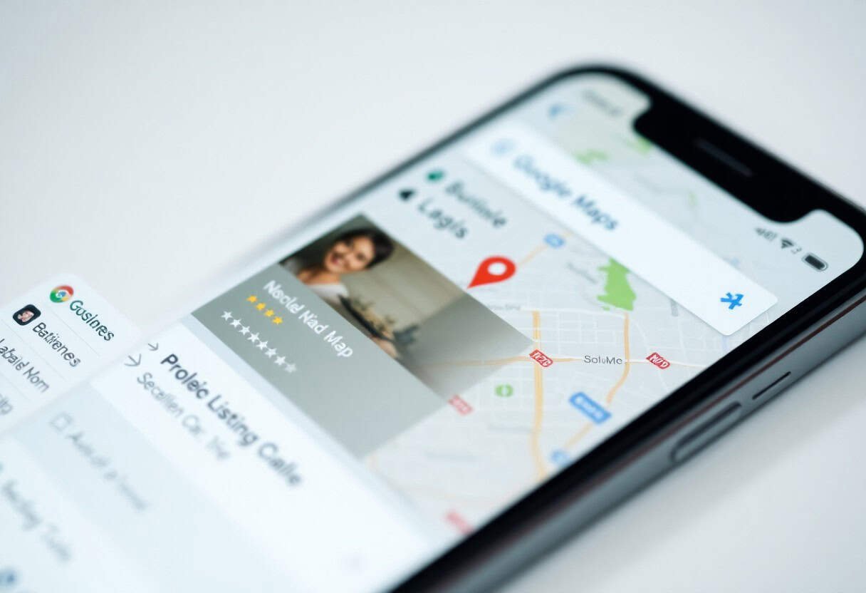 A smartphone screen displays the Google Maps app, featuring a map, location listing with a star rating, and a profile image of a smiling person—highlighting the impact of local SEO and AI search optimization on discovering nearby businesses.