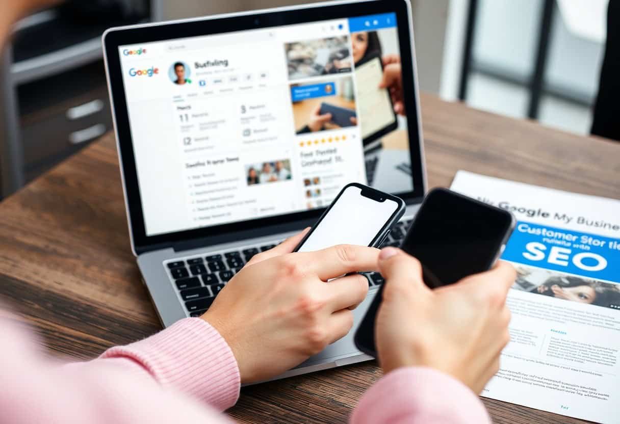 A person holds a smartphone while using a laptop displaying a Google business profile. A paper about local SEO and AI search optimization in digital marketing is on the desk nearby.
