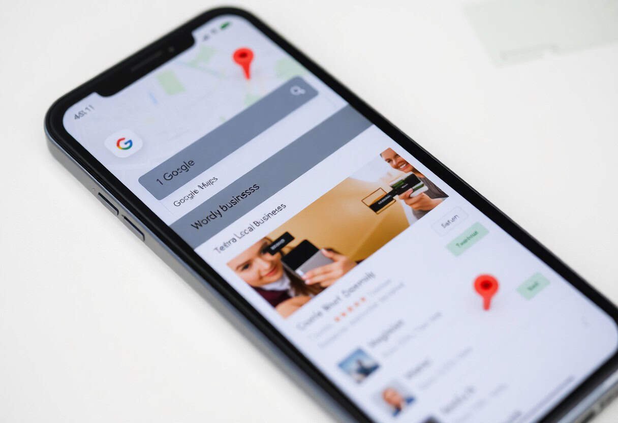 A smartphone displays Google Maps search results for local businesses, illustrating how local SEO and AI search optimization help highlight map pins, business photos, and ratings directly on the screen.