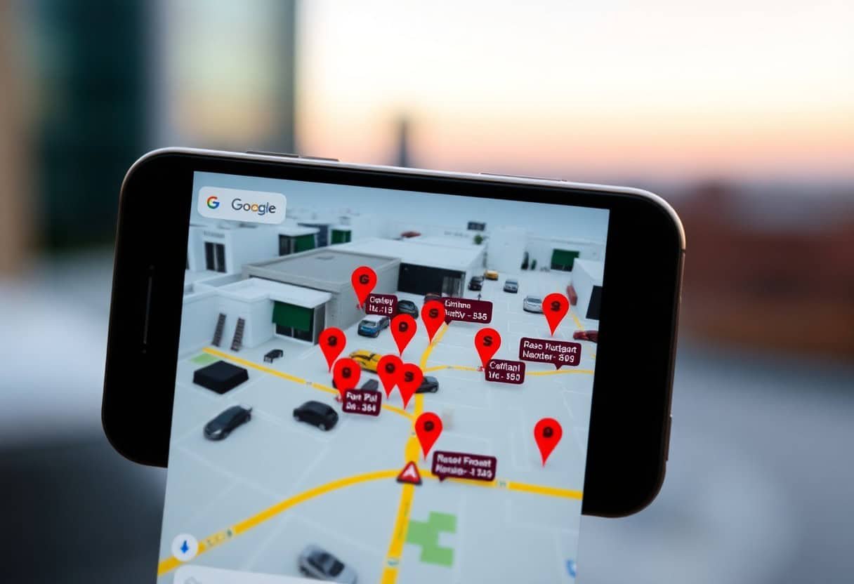 A smartphone screen displays a digital map with multiple red pins marking destinations in an urban area, symbolizing points of interest found through local SEO and AI search optimization. The background features a blurred cityscape at dusk.