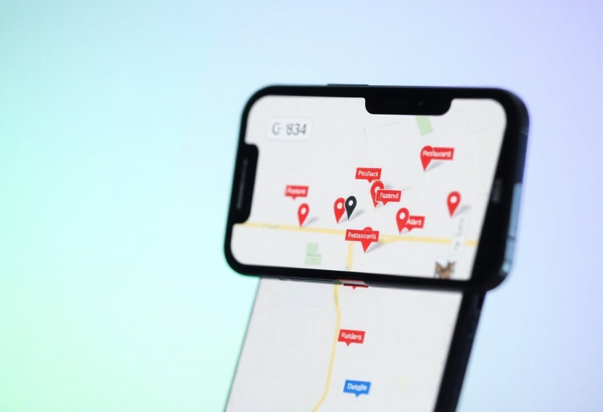 A smartphone displays a digital map with multiple red "Restaurant" pins, highlighting various dining locations—perfect for exploring choices powered by local SEO and AI search optimization. The phone stands out against a gradient light background.