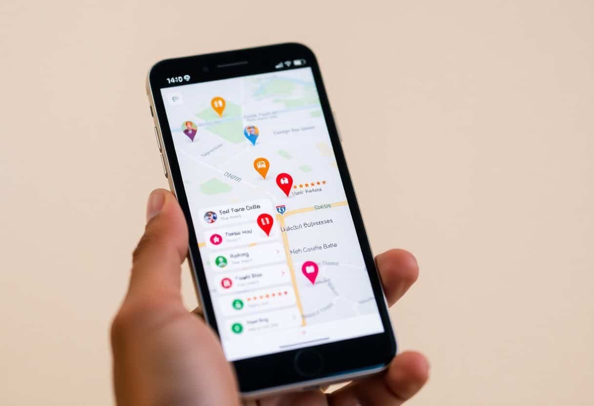 A hand holding a smartphone displaying a map app with colorful location pins, business names, ratings, and hints of local SEO and AI search optimization enhancing the user’s experience on the screen.