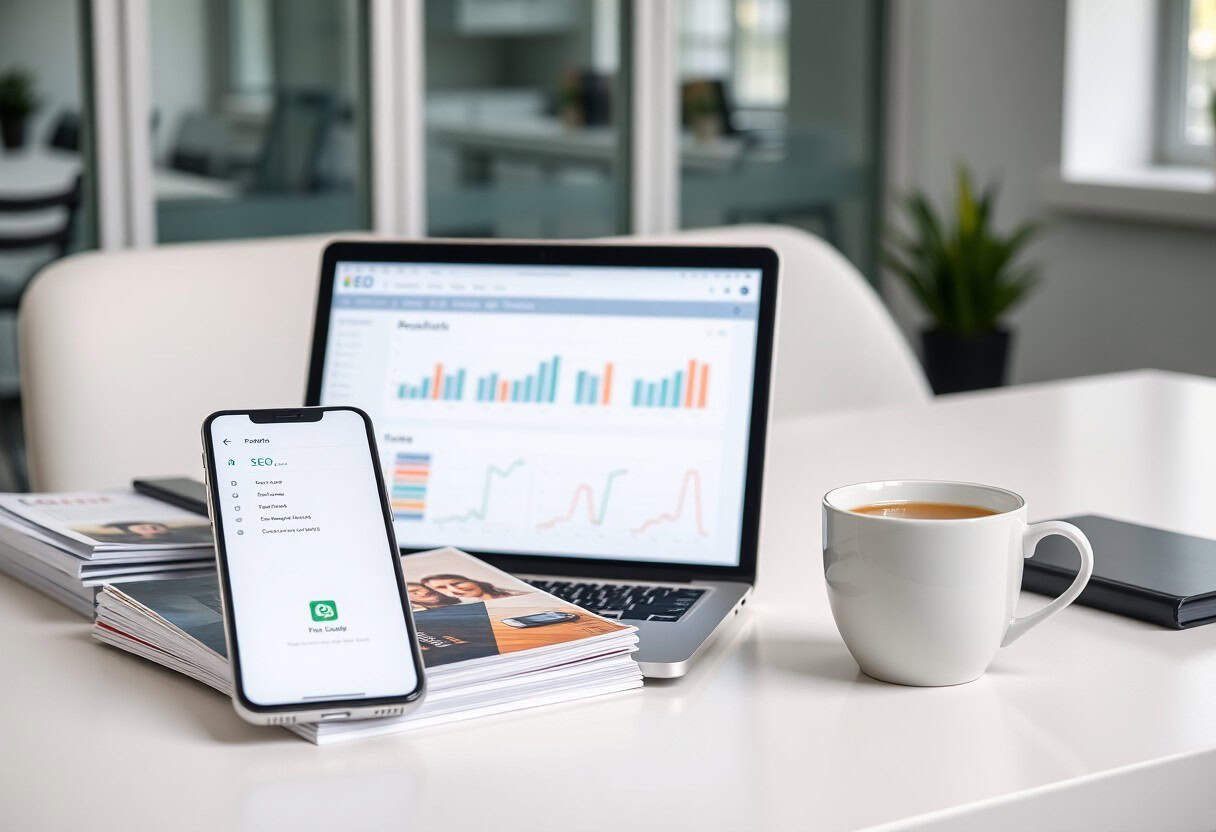 A smartphone and cup of coffee sit on a desk next to a laptop displaying colorful graphs and charts, highlighting local SEO trends. Magazines and a notebook are also on the white desk in this bright, modern office setting.