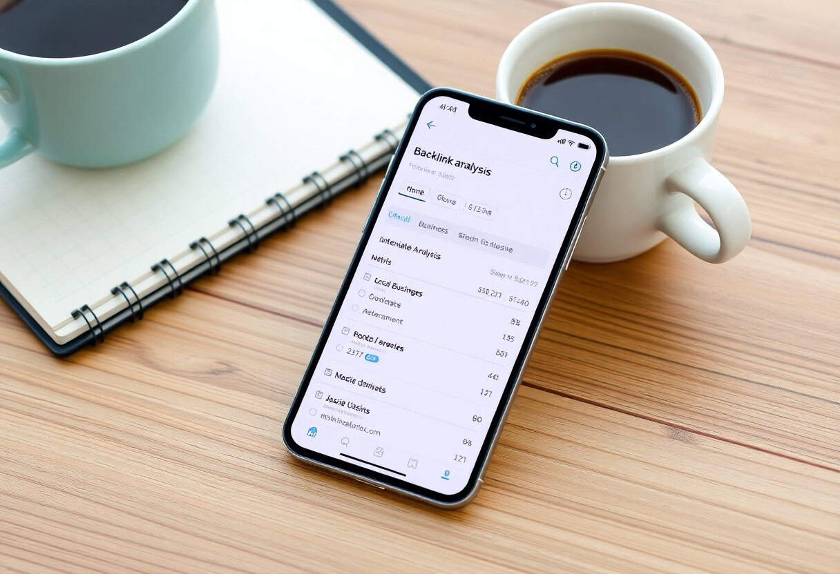 A smartphone displaying a backlink analysis report for local SEO and AI search optimization rests on a wooden table next to a spiral notebook, pen, and two cups of coffee or tea.