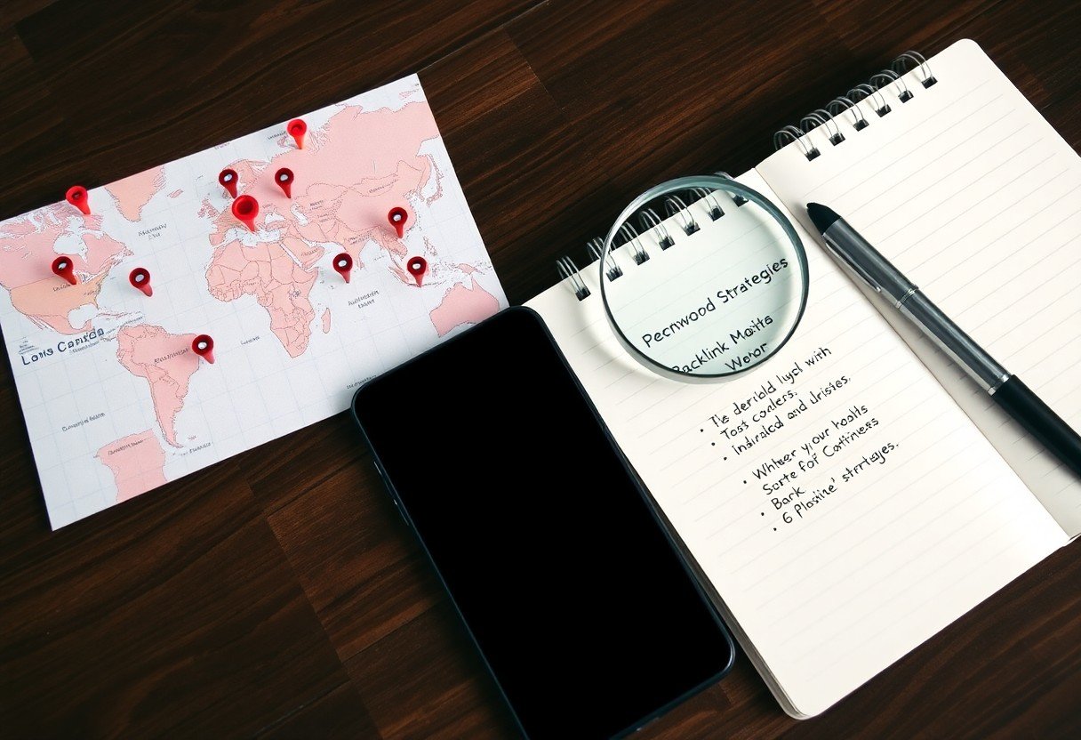 A flat lay of a world map with red location pins, a smartphone, and a magnifying glass over a notebook with handwritten notes—perfectly capturing the essentials for local SEO and AI search optimization—plus a pen on a wooden surface.