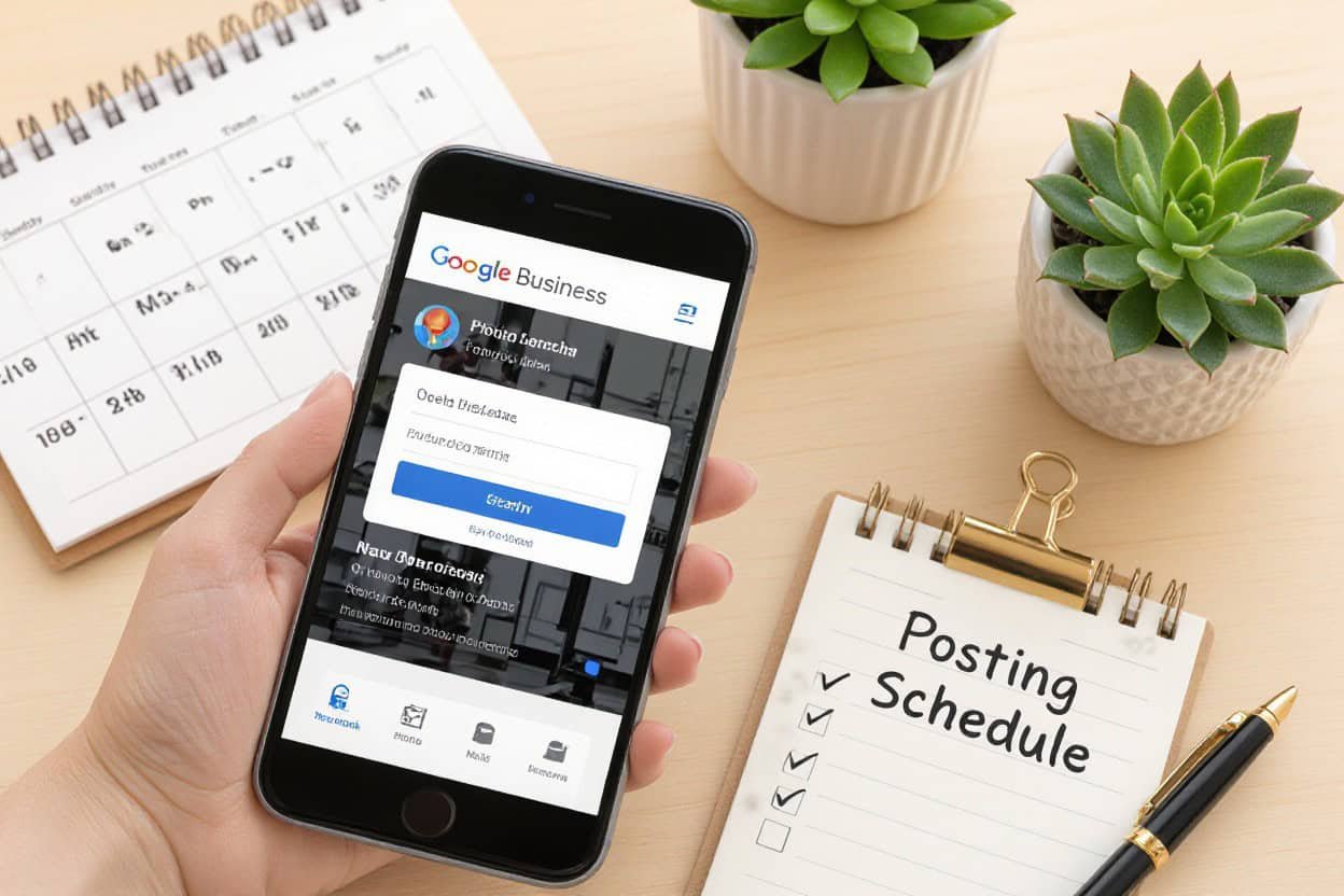 Google Business app on smartphone for local SEO optimization and AI search tools, with plans for local SEO and AI search optimization strategy.