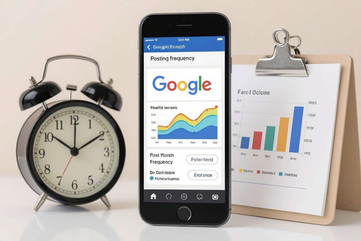 Optimized for local SEO and AI search optimization, showcasing a smartphone with analytics data in front of an analog clock and a chart on a clipboard.