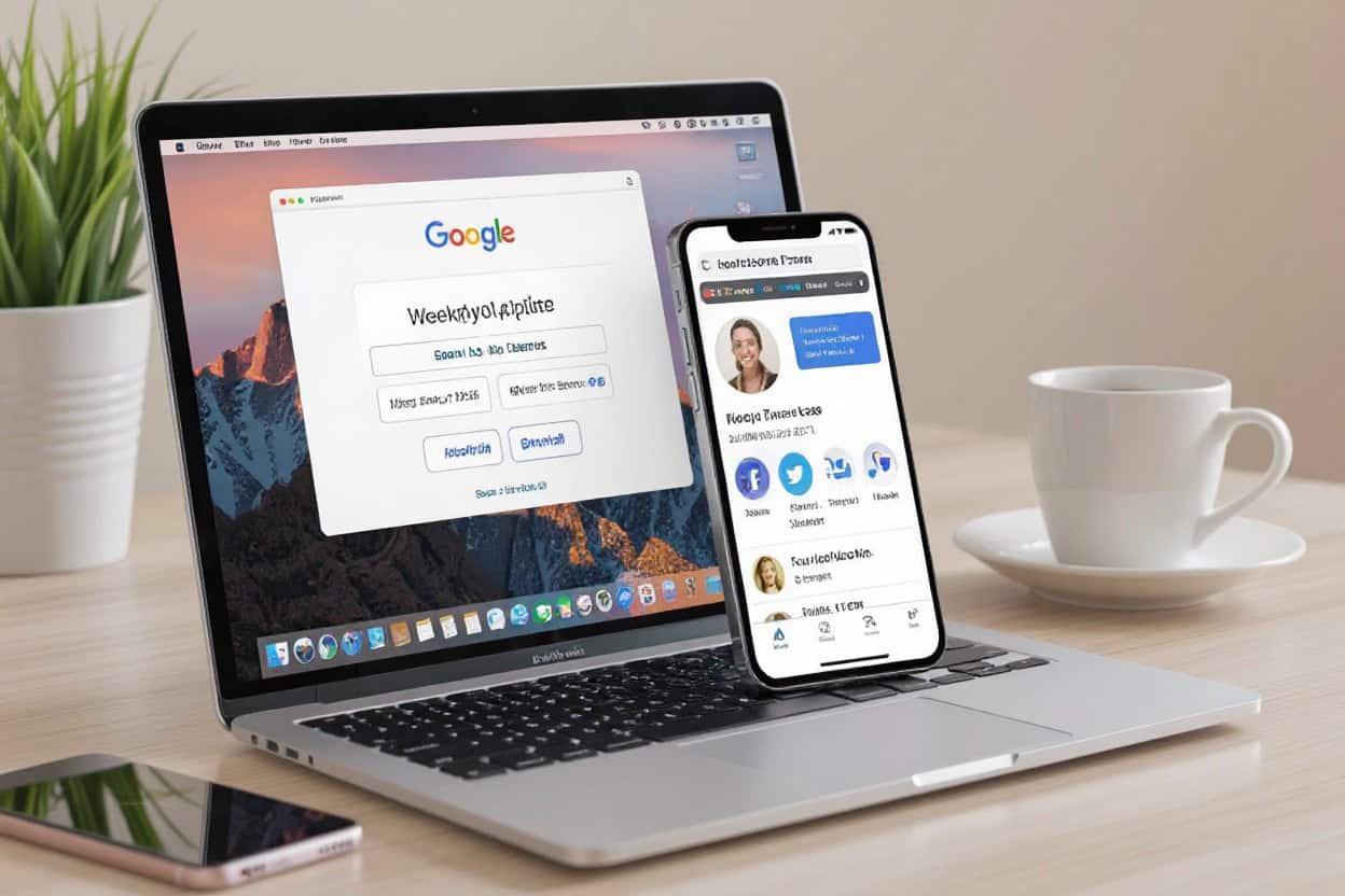 Laptop displaying Google search page with a mobile phone showing a social media profile, on a clean desk with a coffee cup and a plant, highlighting local SEO and AI search optimization tools.