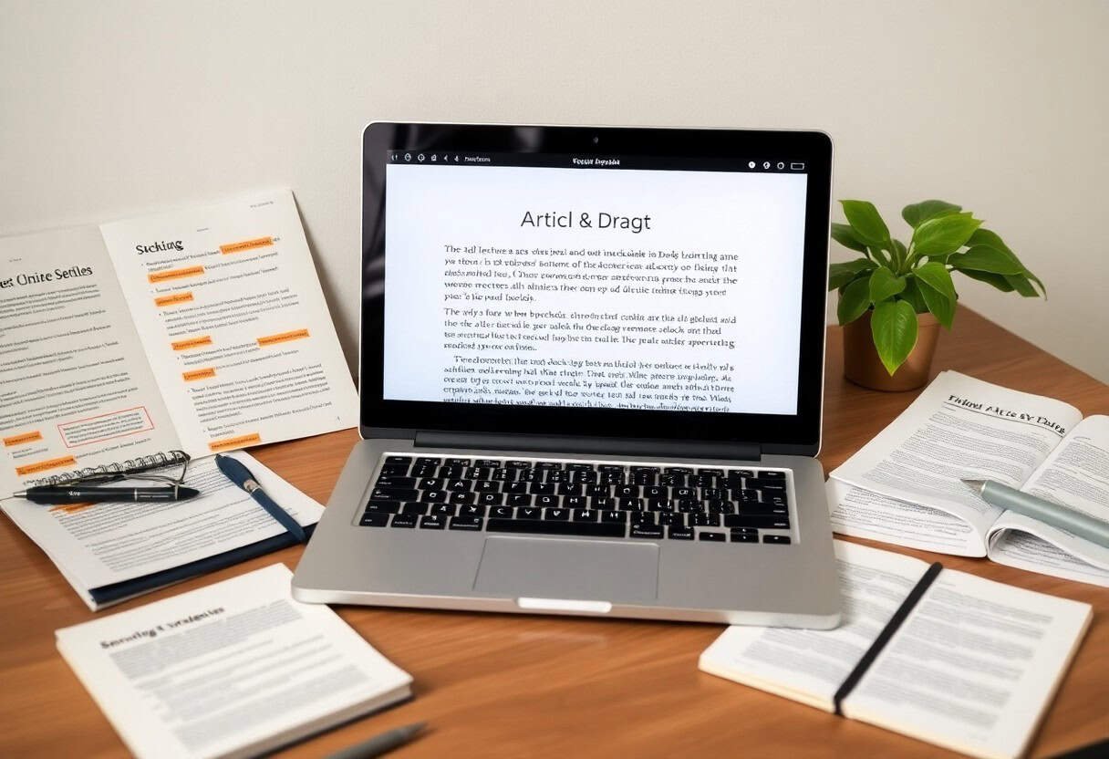 A laptop displaying a document titled Article Draft sits on a wooden desk surrounded by open books, highlighted papers, pens, and a potted plant—perfect for researching local SEO and AI search optimization strategies.