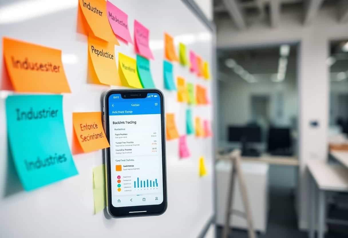 A smartphone displaying analytics data—focused on local SEO and AI search optimization—is attached to a whiteboard covered with colorful sticky notes in an office setting. In the background, desks and office equipment are visible.