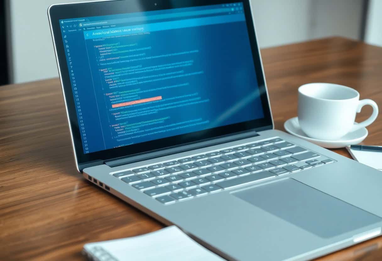 A laptop displaying lines of colorful code on the screen sits on a wooden desk next to a white coffee cup and a notepad—perfect for tackling local SEO and AI search optimization projects.