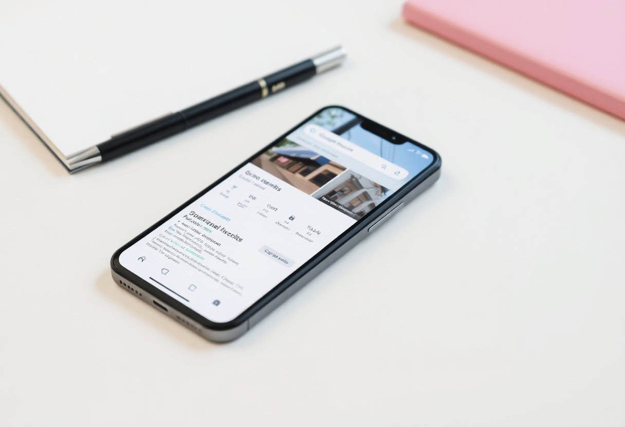 A smartphone displaying a real estate listing website rests on a white desk beside a black pen, a blank notepad, and a closed pink notebook—perfect for exploring local SEO and AI search optimization strategies.