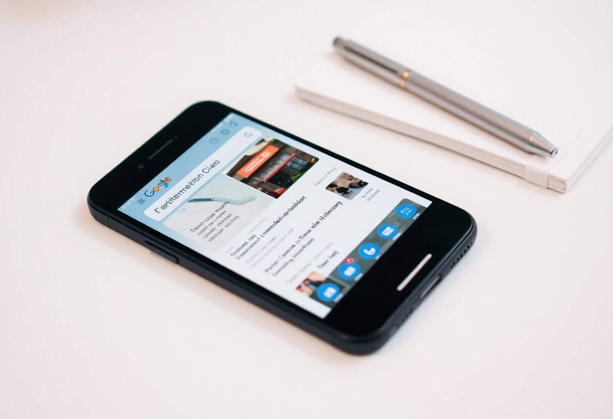 A smartphone displaying a website focused on local SEO and AI search optimization lies on a white surface next to a silver pen and small notepad. The site on the phone features various articles and images.