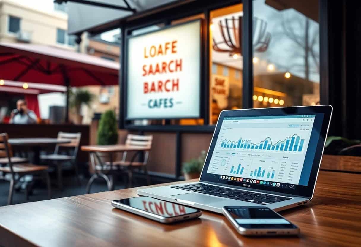 A laptop displaying graphs sits on a wooden table outside a café, hinting at local SEO and AI search optimization. The relaxed, modern setting with the café sign “LOAFE SAARCH BARCH CAFES” creates the perfect spot for digital strategy sessions.