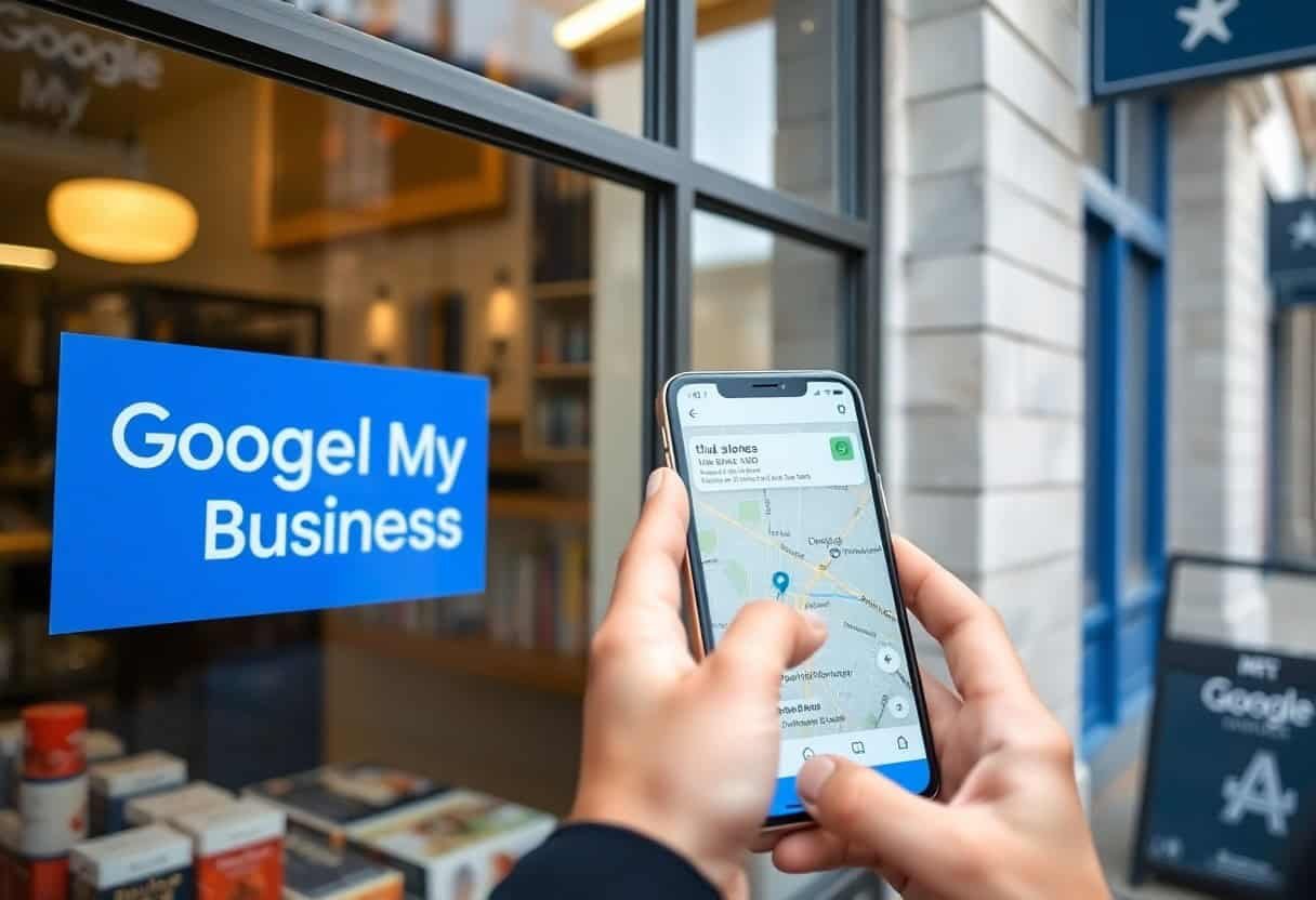 A person holds a smartphone displaying a map in front of a store window with a blue sign that reads Googel My Business, highlighting the role of local SEO and AI search optimization in driving customers to business locations.