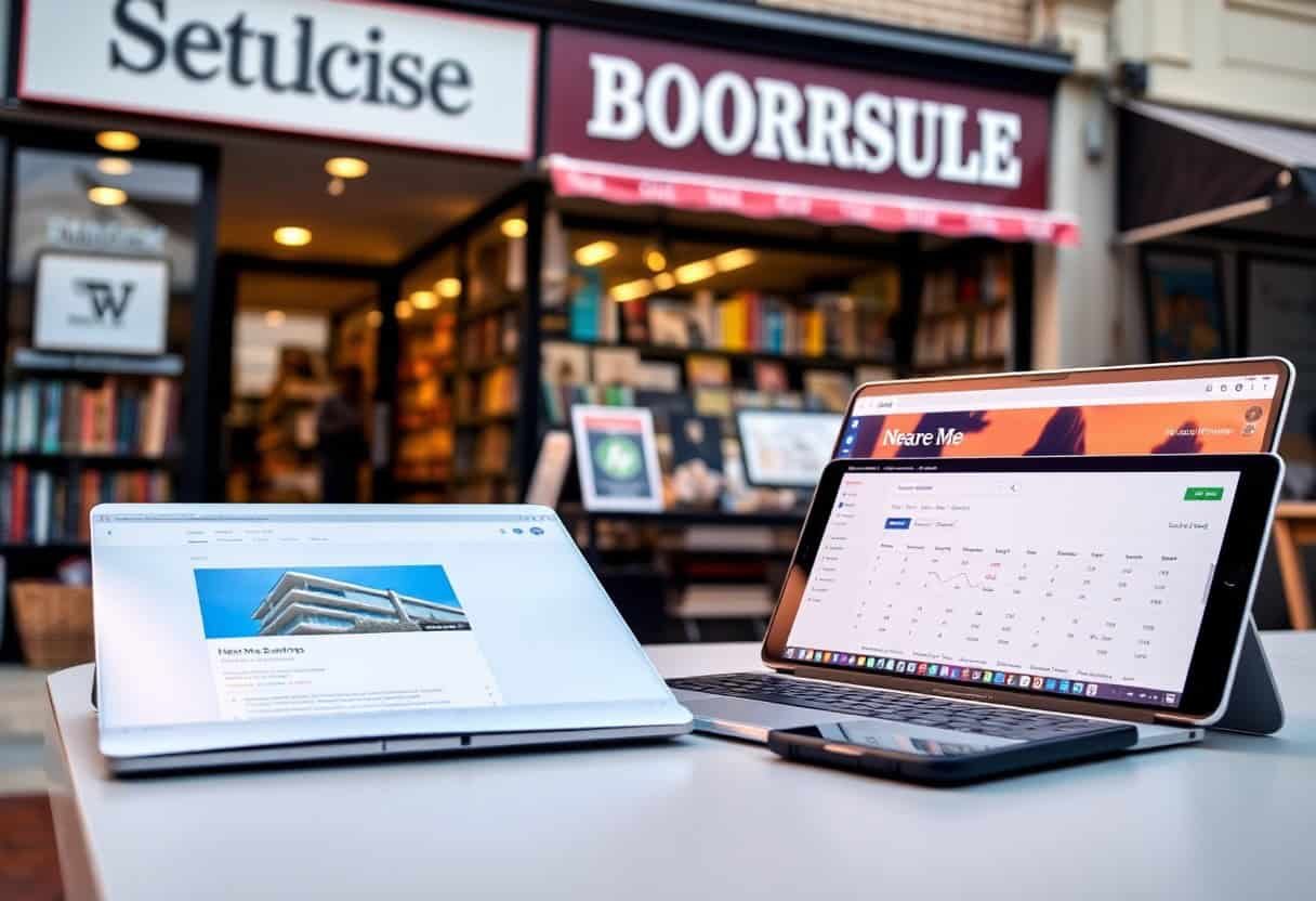 Two open laptops and a smartphone on a table outside a bookstore, hinting at local SEO and AI search optimization. Blurred shelves inside add charm, while bookstore signs read Setulcise and BOORRSULE.