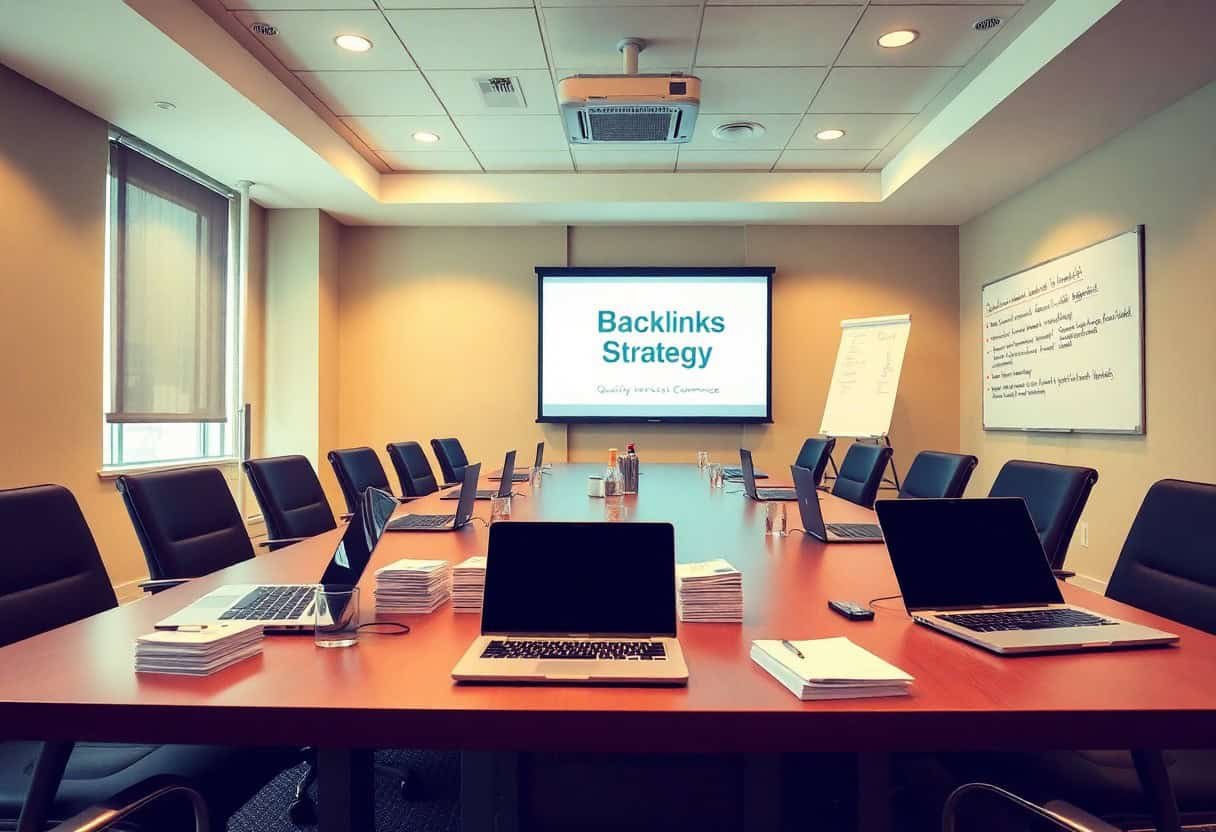 A modern conference room with a long table, laptops, and notepads. A projector screen displays Backlinks Strategy for local SEO success. Empty chairs circle the table, with a whiteboard in the background—ideal for AI search optimization sessions.