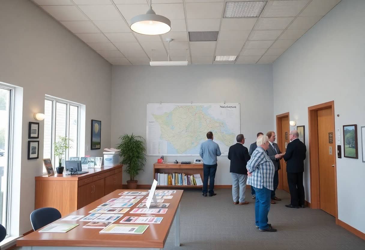 A group of people stand and talk in a bright office with large windows, discussing local SEO strategies and AI search optimization around a table covered in papers; wall art, a large map, and cabinets with plants and books complete the scene.