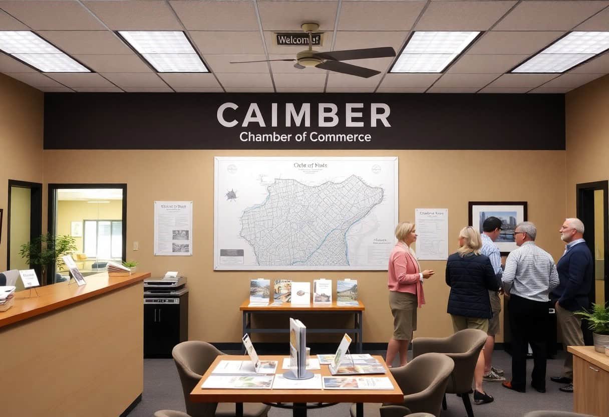 A group of people converse and look at a large map on the wall inside the CAIMBER Chamber of Commerce office, discussing local SEO strategies. Tables with brochures and chairs are in the foreground, with offices visible in the background.