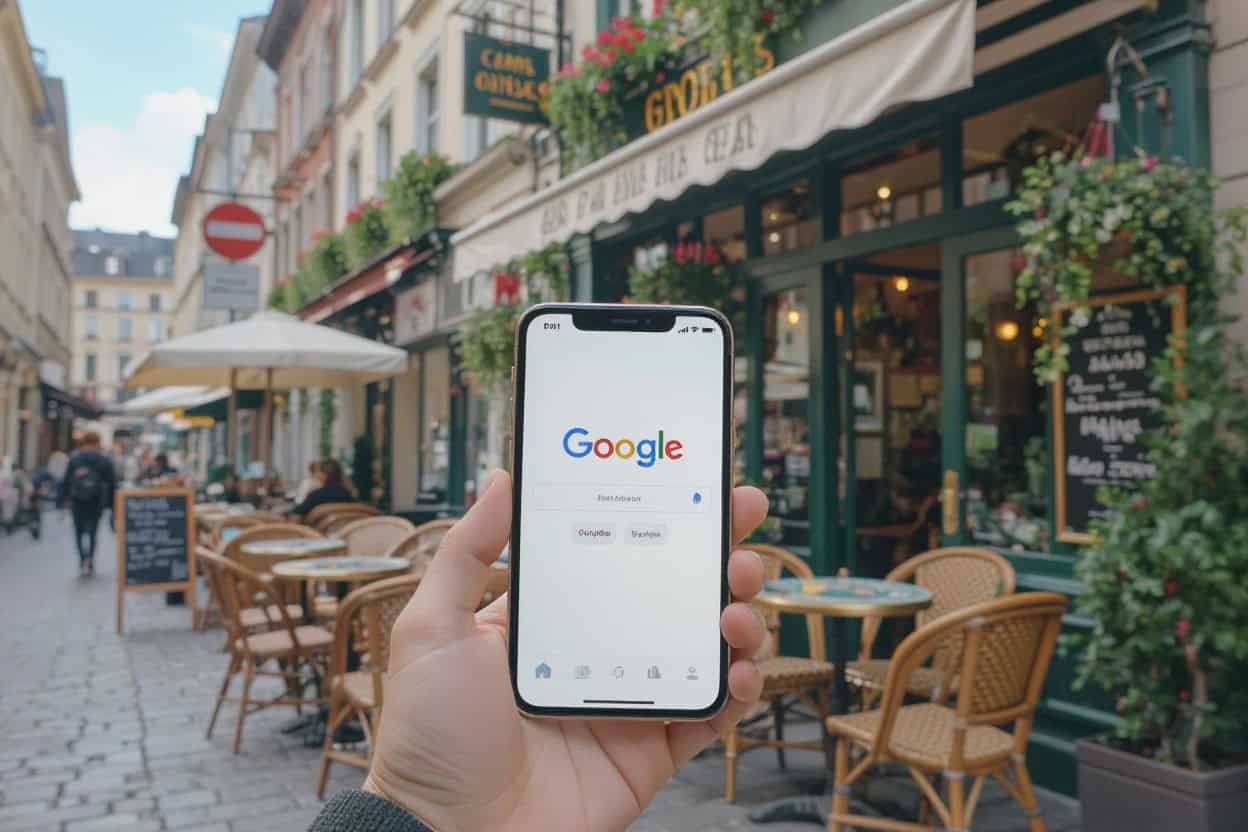 Google local seo search optimization for small businesses on mobile device in an outdoor cafe setting.