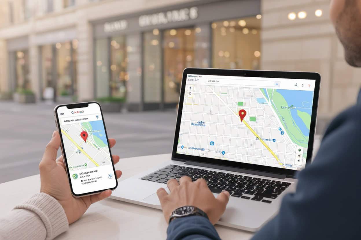 Map showing local SEO and AI search optimization for small businesses on a laptop and smartphone, emphasizing local SEO, AI search, and local SEO optimization strategies.