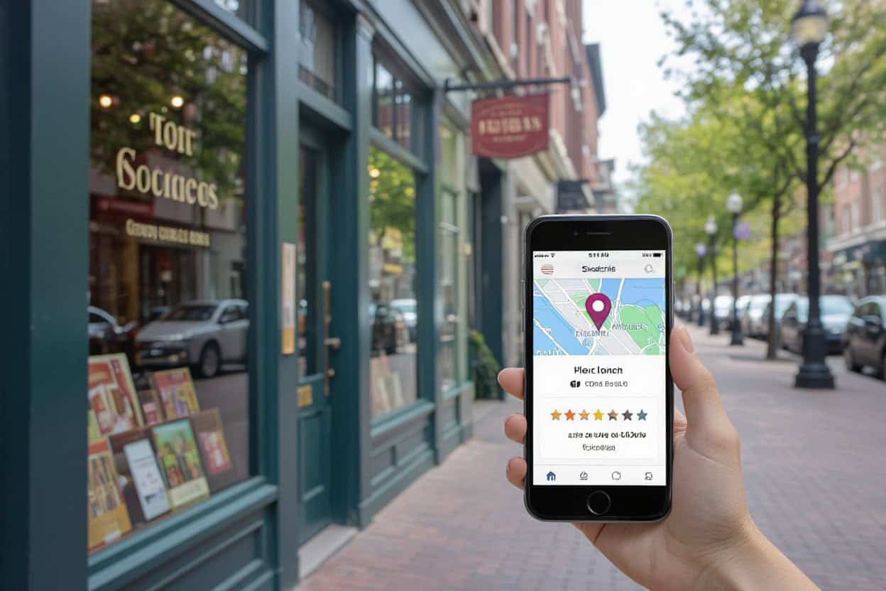 Smartphone displaying local business reviews and map, emphasizing local SEO and AI search optimization services for increased visibility.