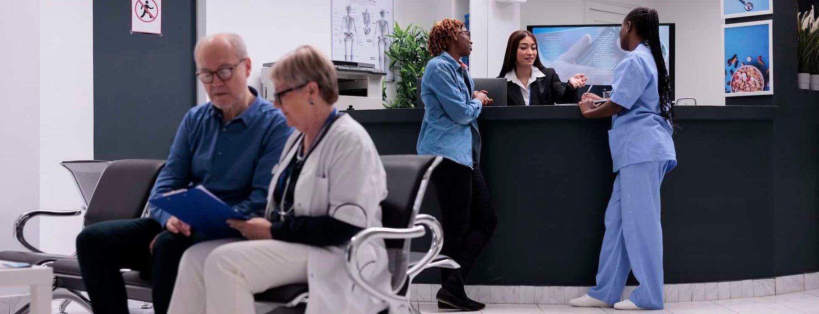 Waiting room with medical staff and patients in a healthcare facility, showcasing modern hospital interior, healthcare professionals, and patient interactions for local SEO optimization.