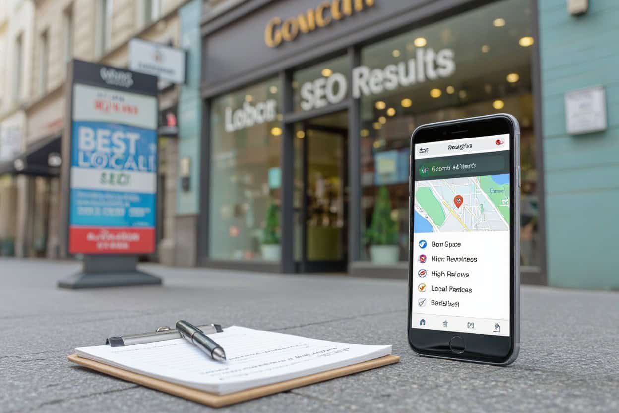 Mobile device displaying local SEO and AI search optimization app in front of a storefront with local SEO signage.