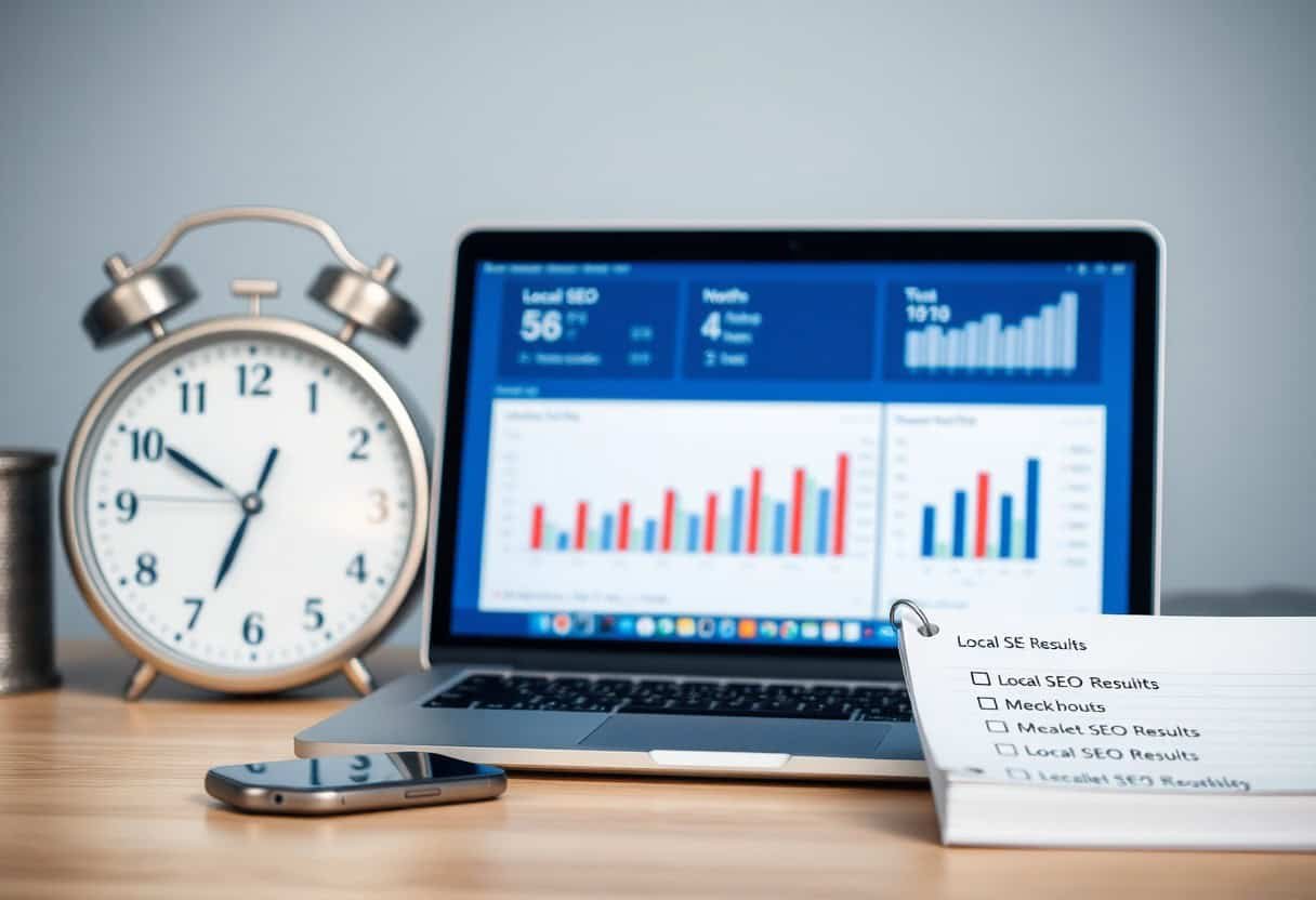 A laptop displays bar and line graphs on its screen, next to an alarm clock, a smartphone, and a notepad titled Local SEO Results with checkboxes, all on a wooden desk—perfect for tracking local SEO and AI search optimization progress.