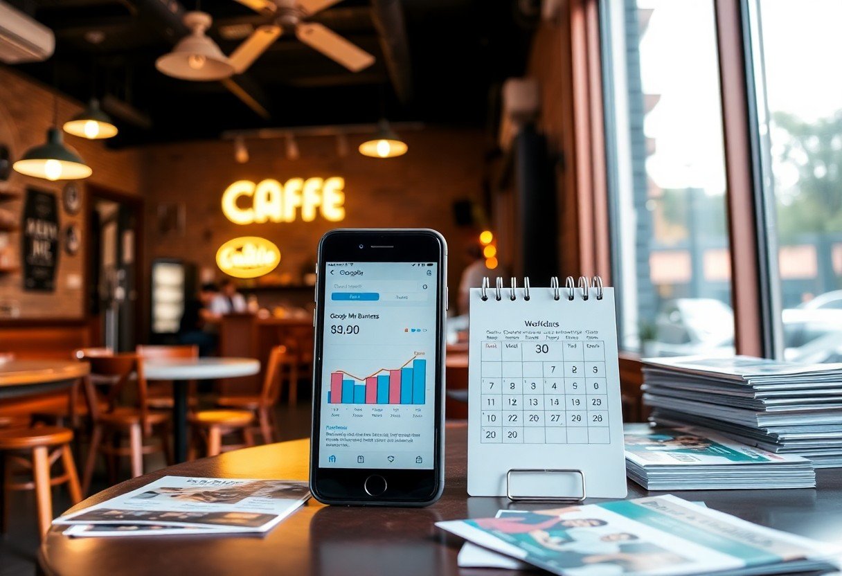 A smartphone displaying a bar graph, a desk calendar, and several magazines sit on a round table in a cozy café with wooden decor and a lit CAFFE sign—an inviting spot for discussing local SEO and AI search optimization strategies.