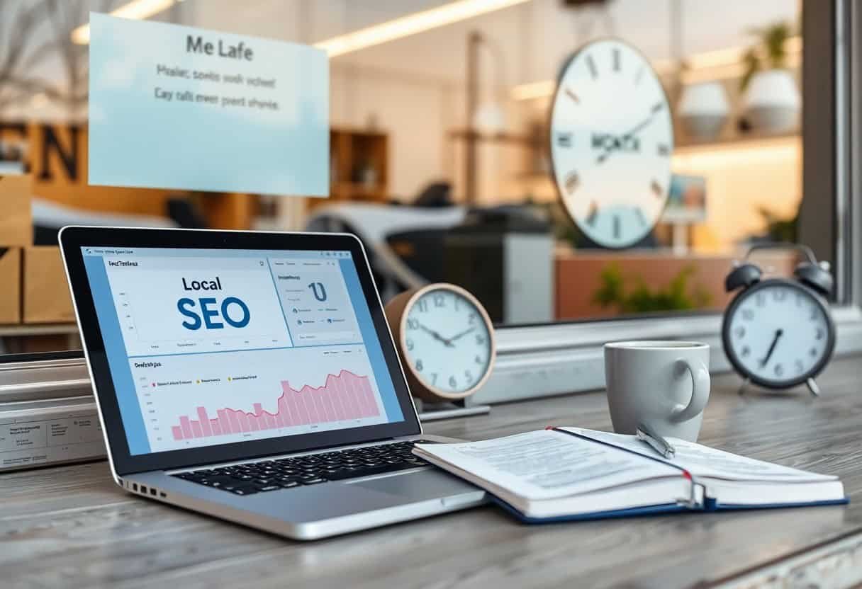 A laptop on a desk displays a Local SEO and AI search optimization dashboard with graphs. Nearby are an open notebook, pen, coffee cup, and three clocks. A window reveals an office setting and a sign that says Me Lafe.