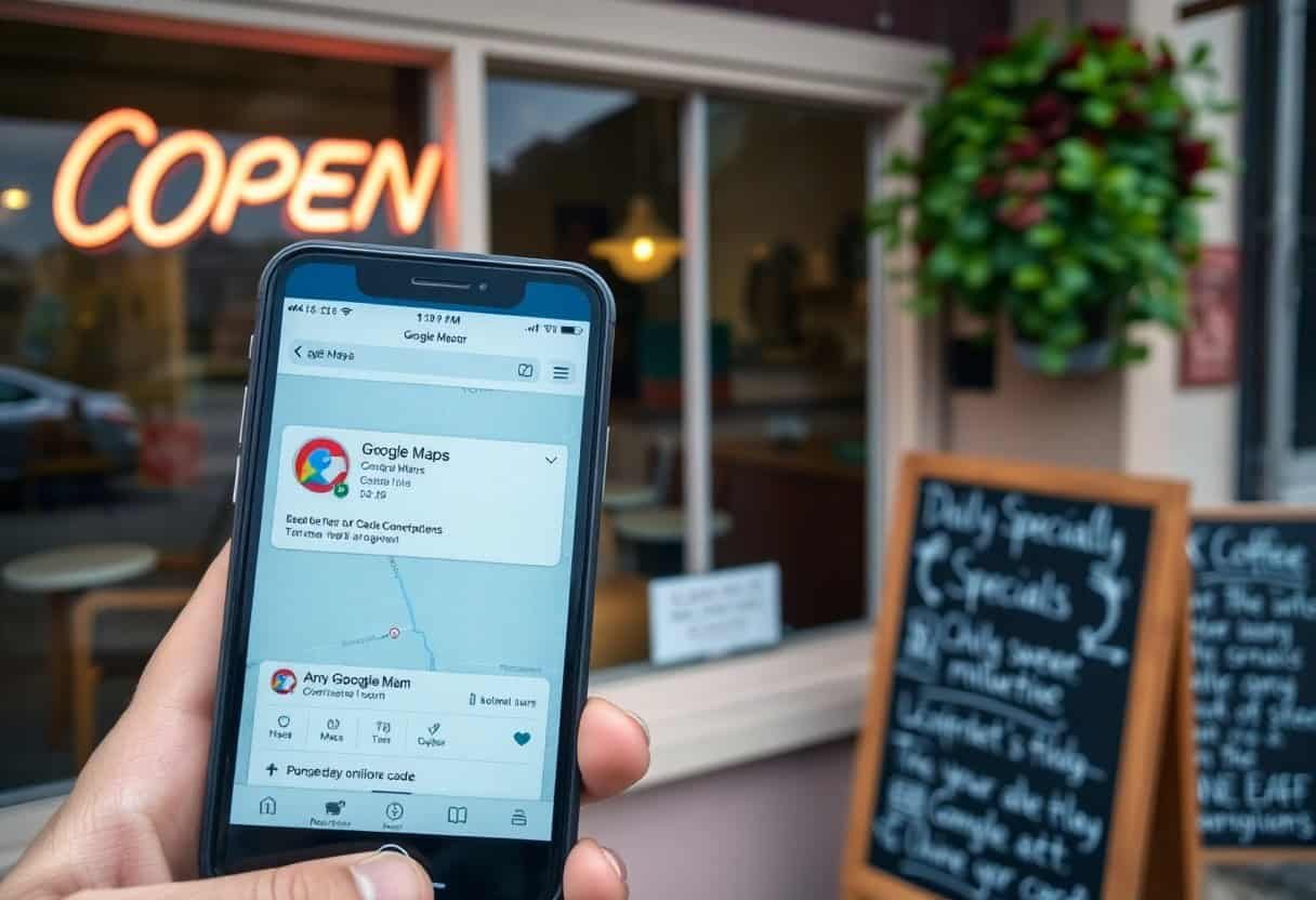 A hand holds a smartphone displaying Google Maps in front of a café with an OPEN neon sign and chalkboard menu, hinting at how local SEO can help my business get more customers by making it easy to find online.