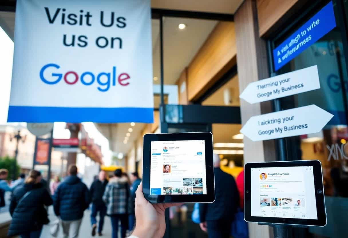 A person holds two tablets showing Google My Business pages in front of a store entrance, highlighting how local SEO can help my business get more customers by encouraging visitors to write a review and find the store easily online.