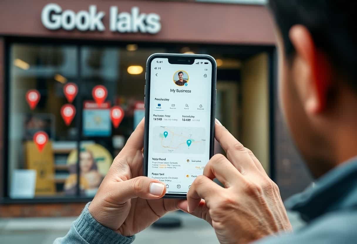 A person holds a smartphone displaying a business profile with a map on the screen, standing outside a storefront with a blurred sign that reads Gook Iaks, highlighting the impact of local SEO and AI search optimization.