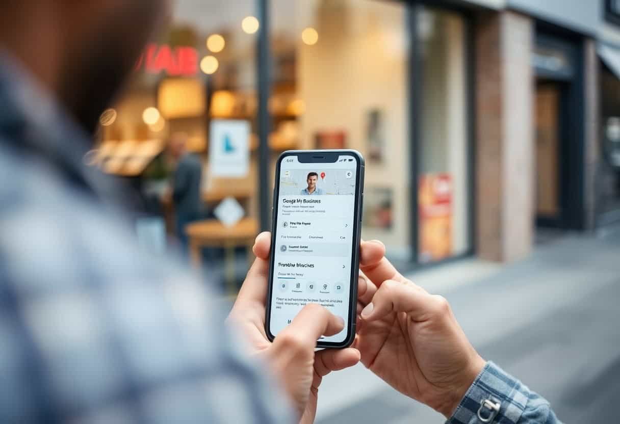 A person holds a smartphone and uses the Google My Business app on a city street, exploring shops and storefronts in the blurred background—an everyday moment of local SEO and AI search optimization in action.