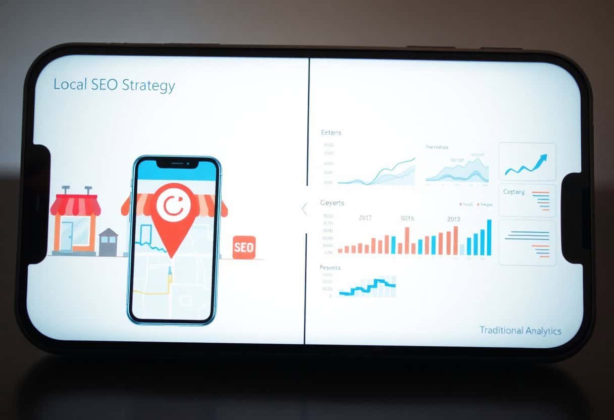 A smartphone screen displays a split view: on the left, an illustration of a mobile device with a location pin and local SEO; on the right, graphs and charts labeled Traditional Analytics, highlighting the shift toward local SEO and AI search optimization.