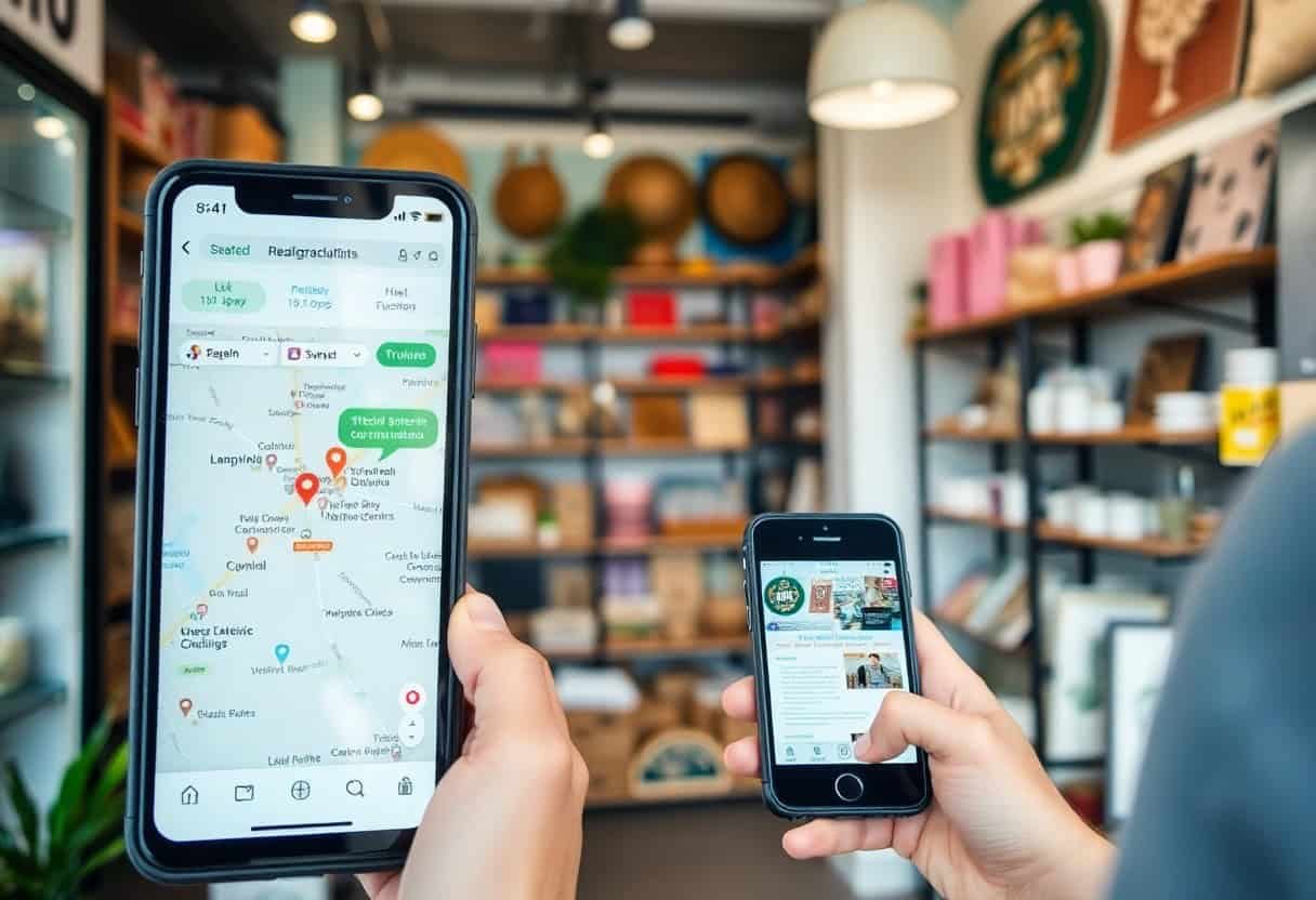 Two people hold smartphones in a cozy shop; one phone displays a map with location pins, while the other shows a business listing—highlighting how local SEO and AI search optimization enhance finding businesses and products nearby.