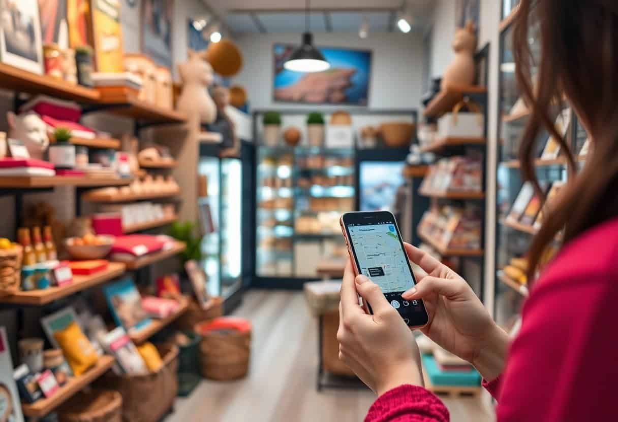 A person uses a smartphone with a map app open, aided by local SEO and AI search optimization, while standing in a brightly lit store filled with shelves of products, gifts, and decorations. The scene feels cozy and inviting.