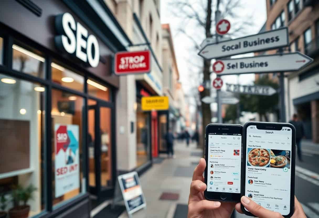 Two hands hold smartphones displaying business listings outside a local SEO agency on a city street. Nearby, signs point to “Socal Business” and “Sel Busines,” highlighting the importance of local SEO and AI search optimization for nearby shops.