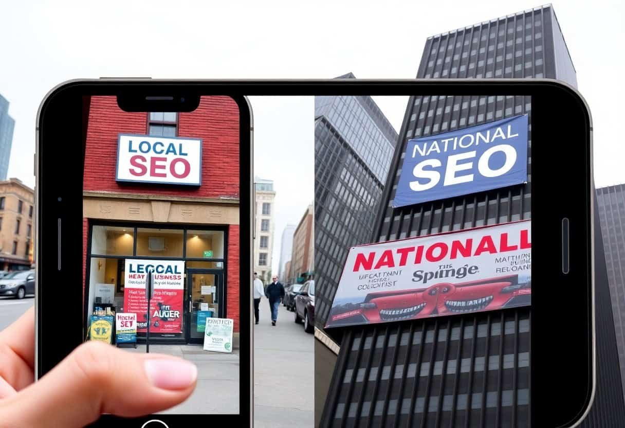 A person holds a phone showing a storefront sign that reads “LOCAL SEO and AI search optimization,” while behind it, a large building displays a sign saying “NATIONAL SEO.” The phone aligns perfectly with the buildings in the background.