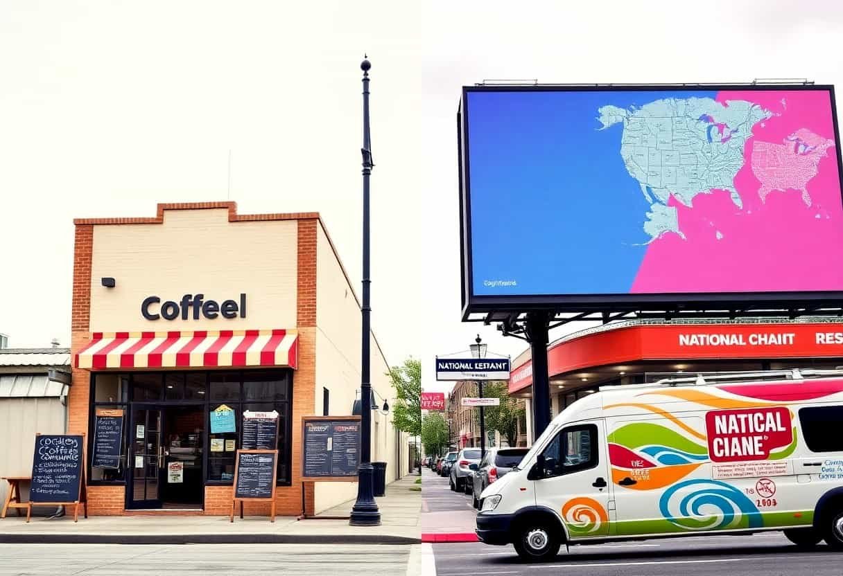 A coffee shop with a red-and-white striped awning stands next to a street, its chalkboard menus inviting passersby. In the background, a colorful van and billboard highlight how local SEO and AI search optimization boost its neighborhood appeal.