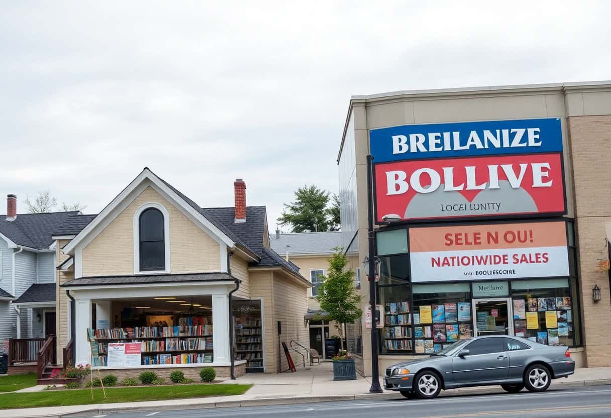 A street view shows a small bookstore with books displayed outside, next to a larger building with a sign reading BREILANIZE BOLLIVE. Perfect for exploring local SEO strategies, a car is parked in front on a cloudy day.