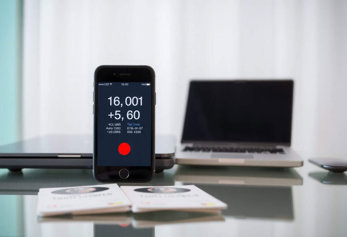A smartphone displaying a timer app stands upright on a glass desk, surrounded by laptops and booklets—much like comparing a local phone number vs toll-free number for efficient workspace communication.