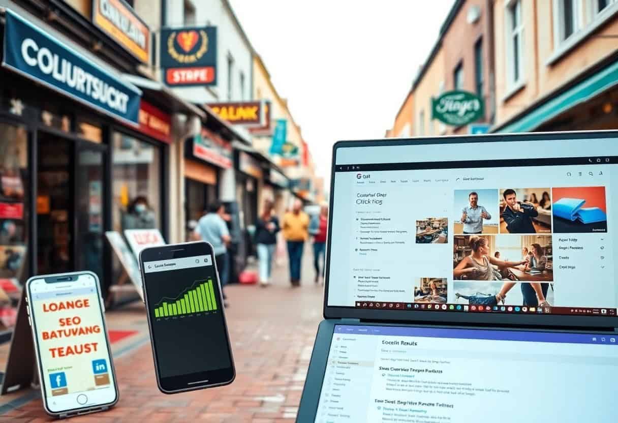 A busy street with shops and people in the background; in the foreground are a laptop, a smartphone displaying an ai search graph, and another phone showing Vietnamese text about local seo and social media icons.