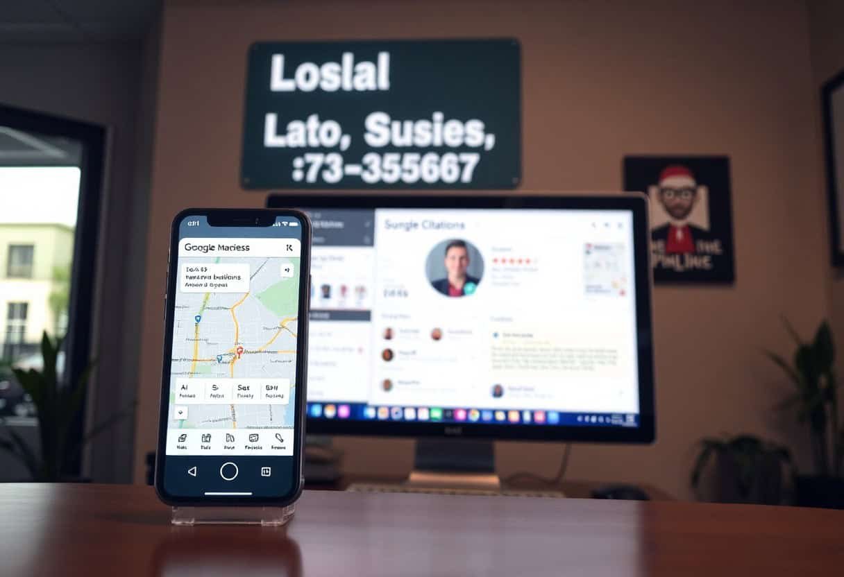 A smartphone displaying Google Maps sits on a desk in front of a computer monitor showing a Google Scholar profile, hinting at research into the main ranking factors for local SEO. Behind them, a green road sign and framed artwork hang on the wall.