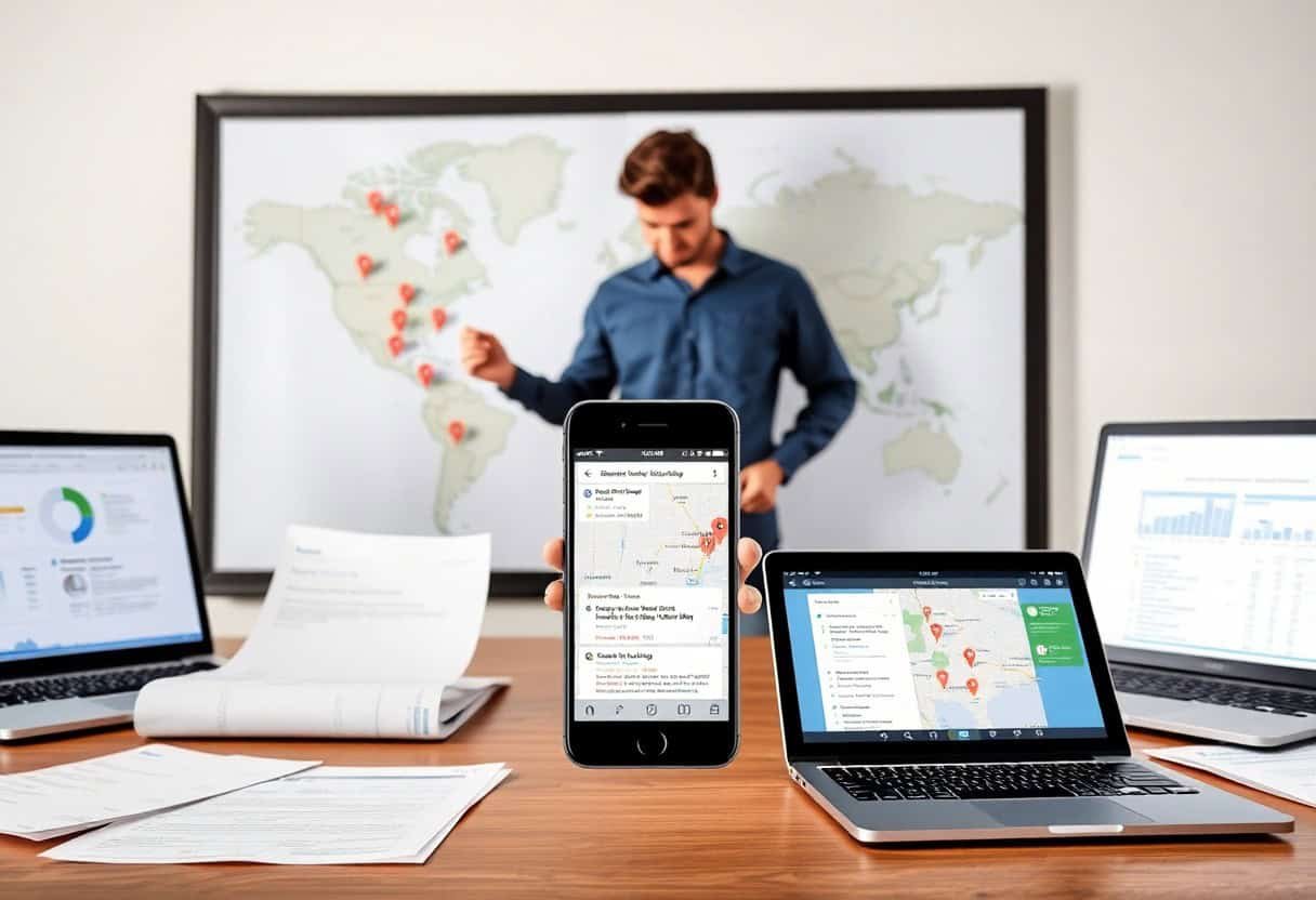 A person stands in front of a world map, pointing at it. On a table are laptops displaying charts and maps, papers, and a smartphone showing location markers—highlighting the importance of local SEO and AI search optimization.