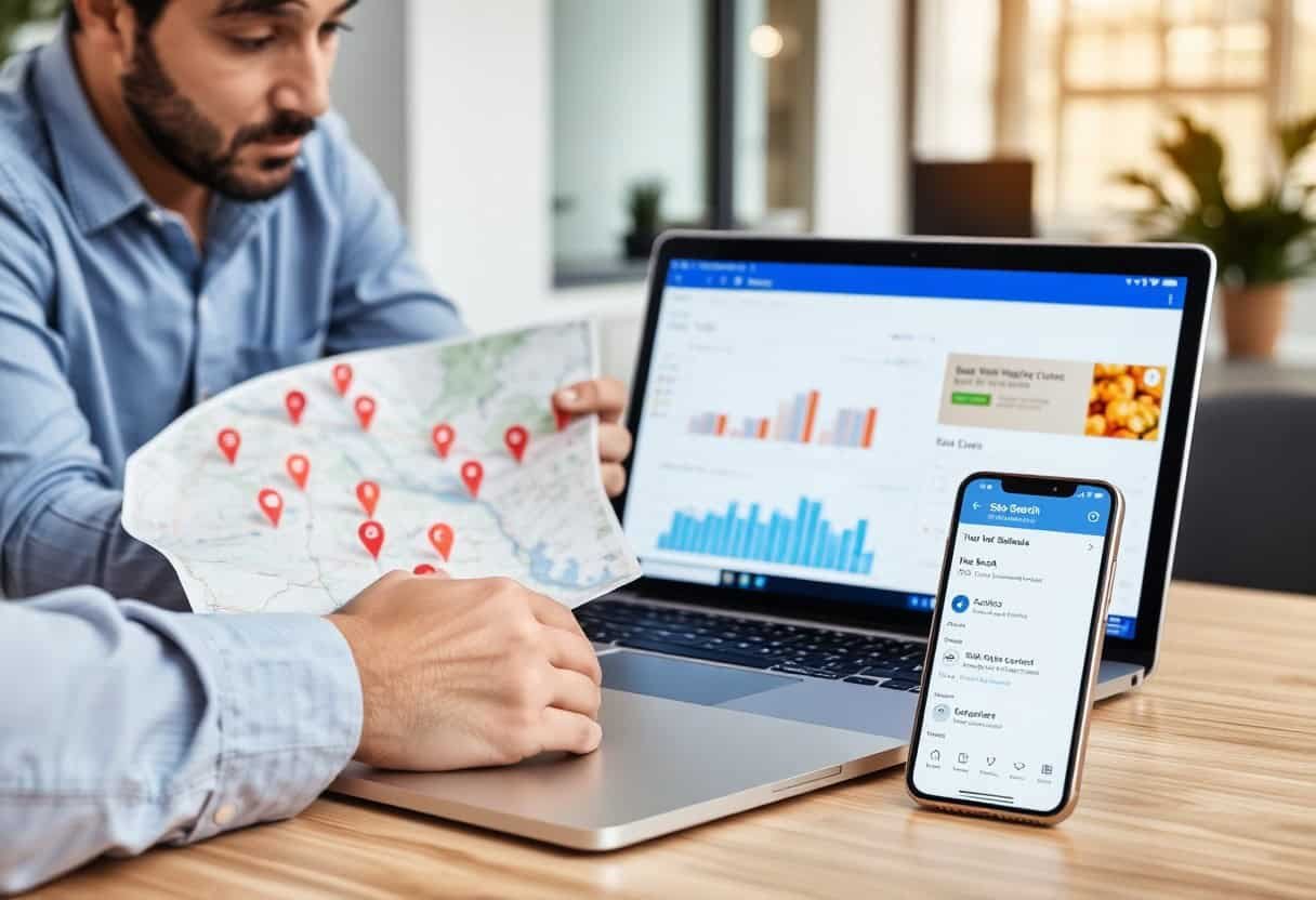 A man holds a map with red location pins beside a laptop showing charts and graphs, while his smartphone displays a map app—highlighting strategies for local SEO and AI search optimization in an office setting.