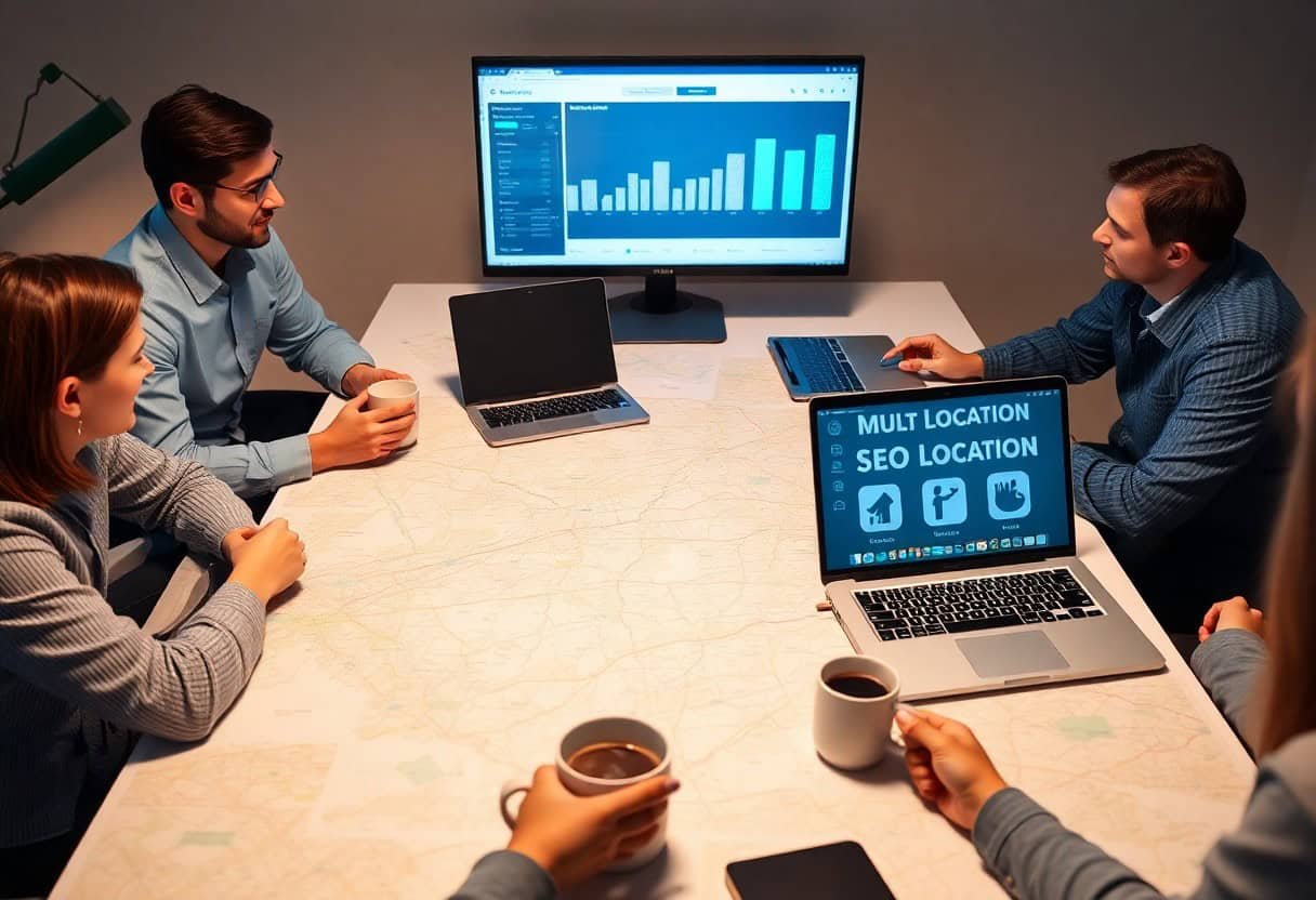 Four people sit around a table with laptops, discussing local SEO and AI search optimization. A screen displays a bar chart, and one laptop shows Multi Location SEO Location. Cups of coffee are on the table.